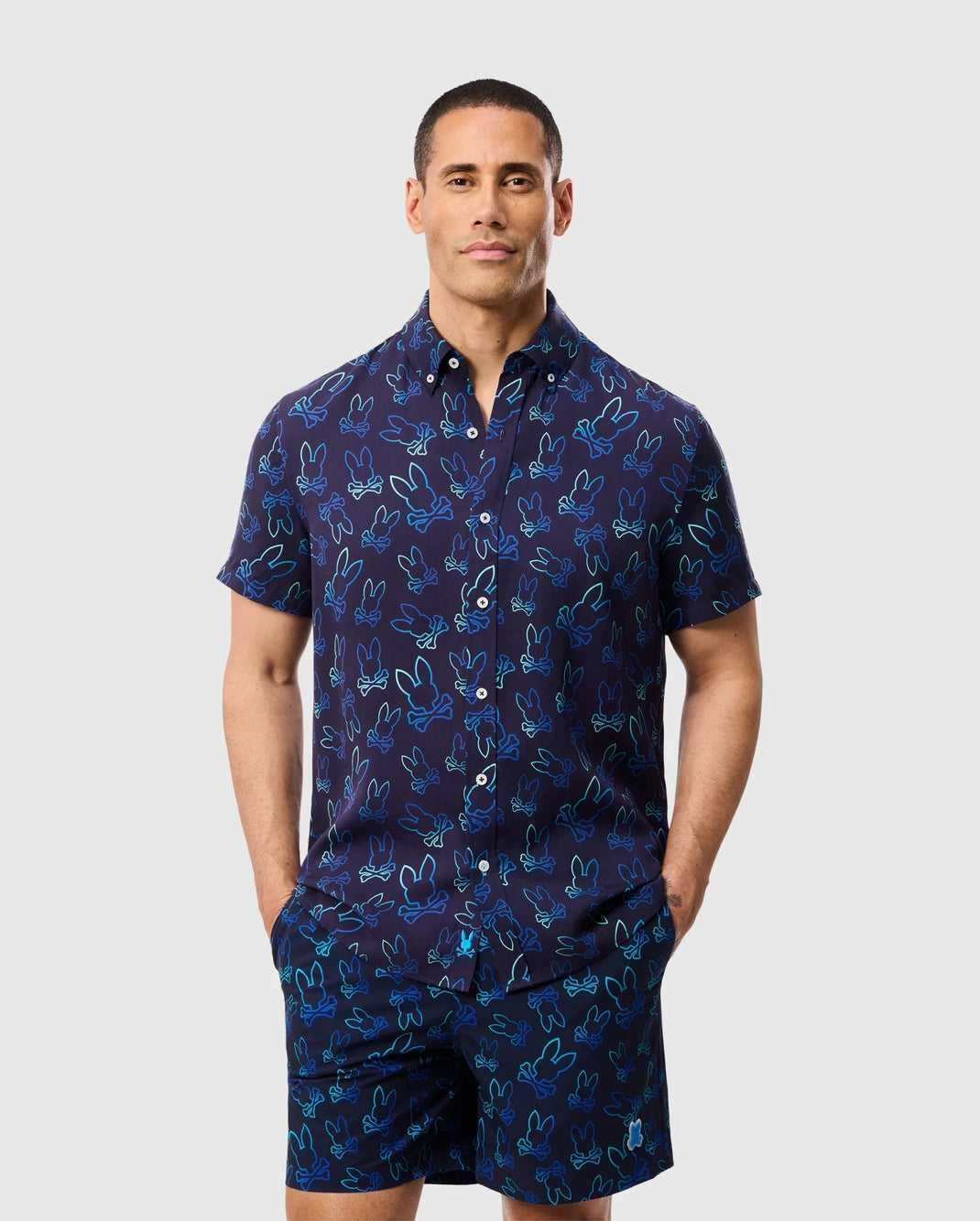 Chemises Psycho Bunny Sheldon All Over Print Shirt Bleu Marine Homme | ITL-62368771